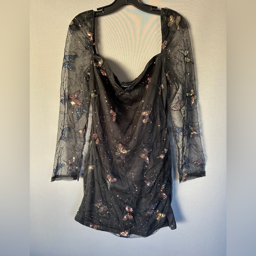 Black Dress with Sequin Colorful Butterfly Accents